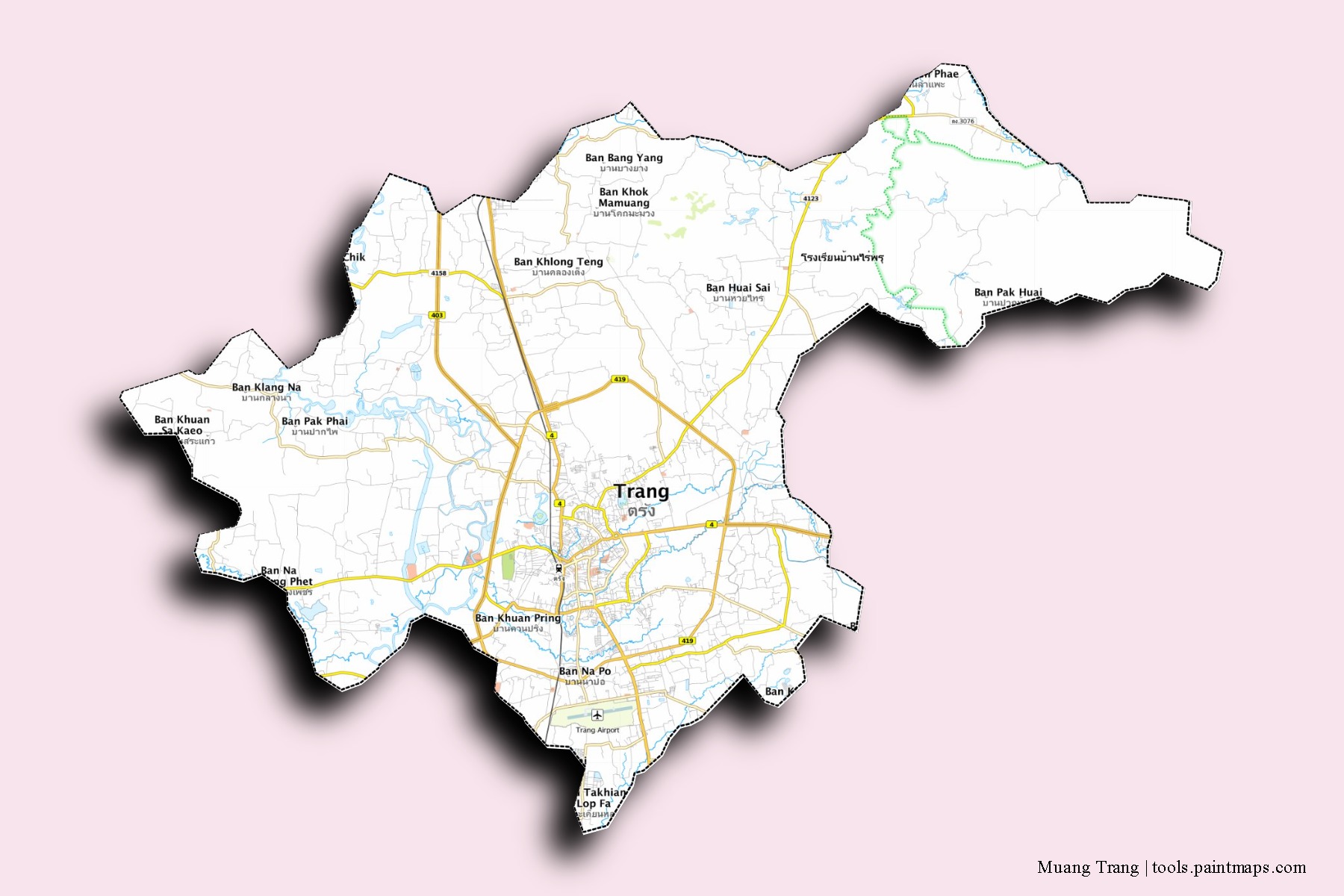 Mapa de barrios y pueblos de Muang Trang con efecto de sombra 3D