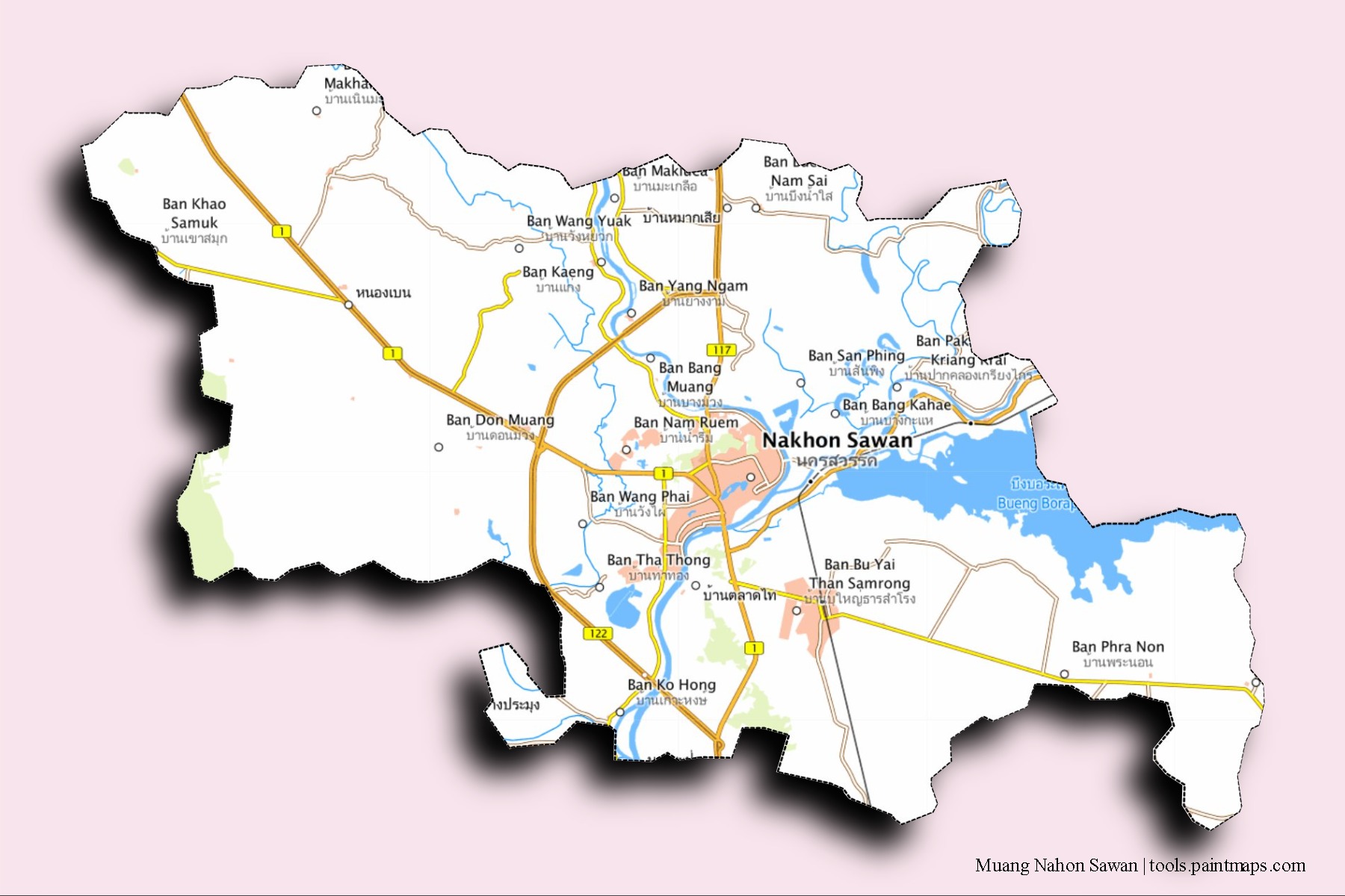 Nakhon Sawan neighborhoods and villages map with 3D shadow effect