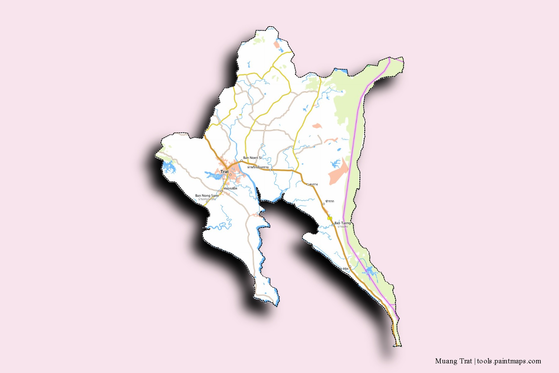 Trat neighborhoods and villages map with 3D shadow effect