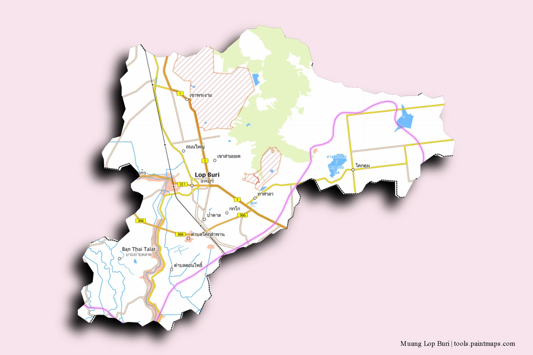 Lop Buri neighborhoods and villages map with 3D shadow effect