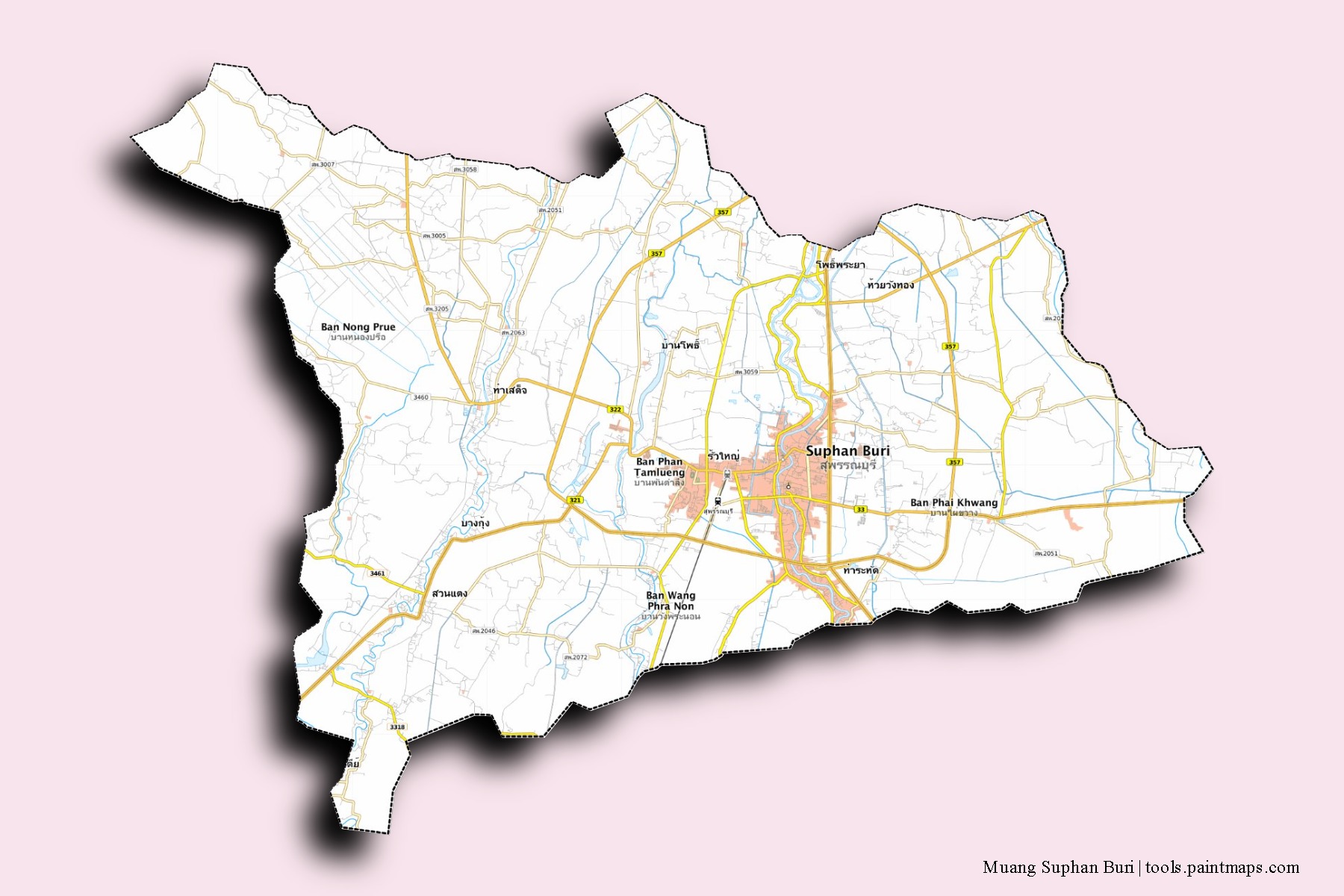 Mapa de barrios y pueblos de Muang Suphan Buri con efecto de sombra 3D