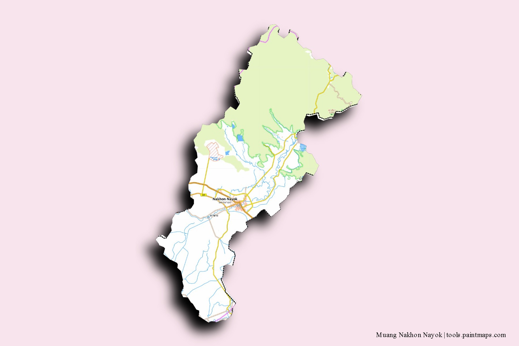 Nakhon Nayok neighborhoods and villages map with 3D shadow effect