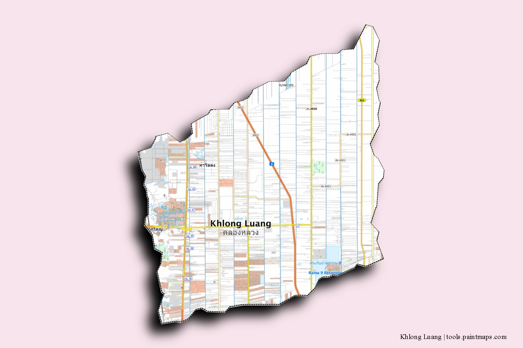 Mapa de barrios y pueblos de Khlong Luang con efecto de sombra 3D