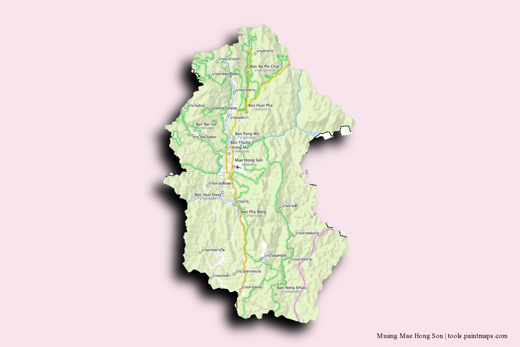 Mae Hong Son neighborhoods and villages map with 3D shadow effect