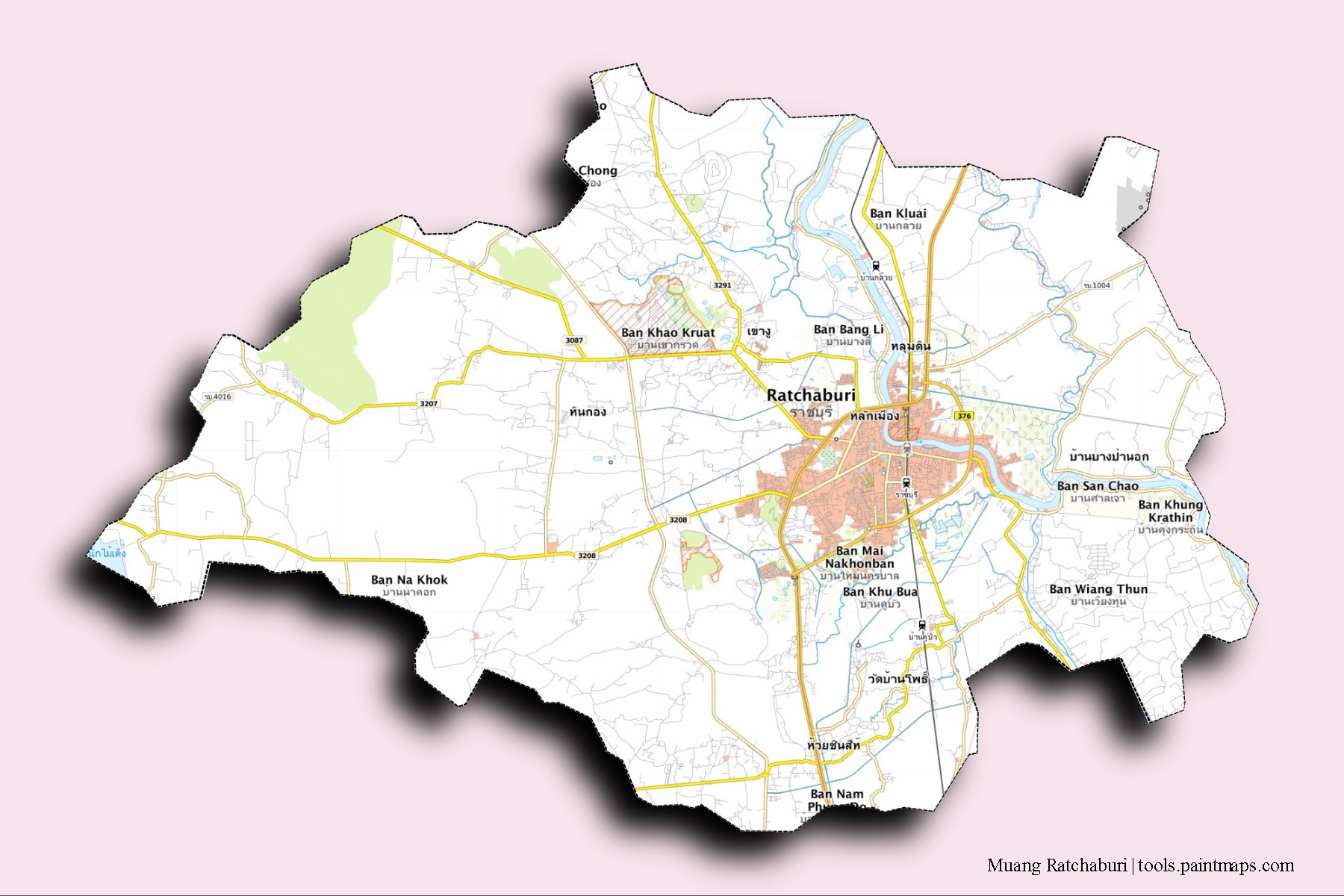 Ratchaburi neighborhoods and villages map with 3D shadow effect