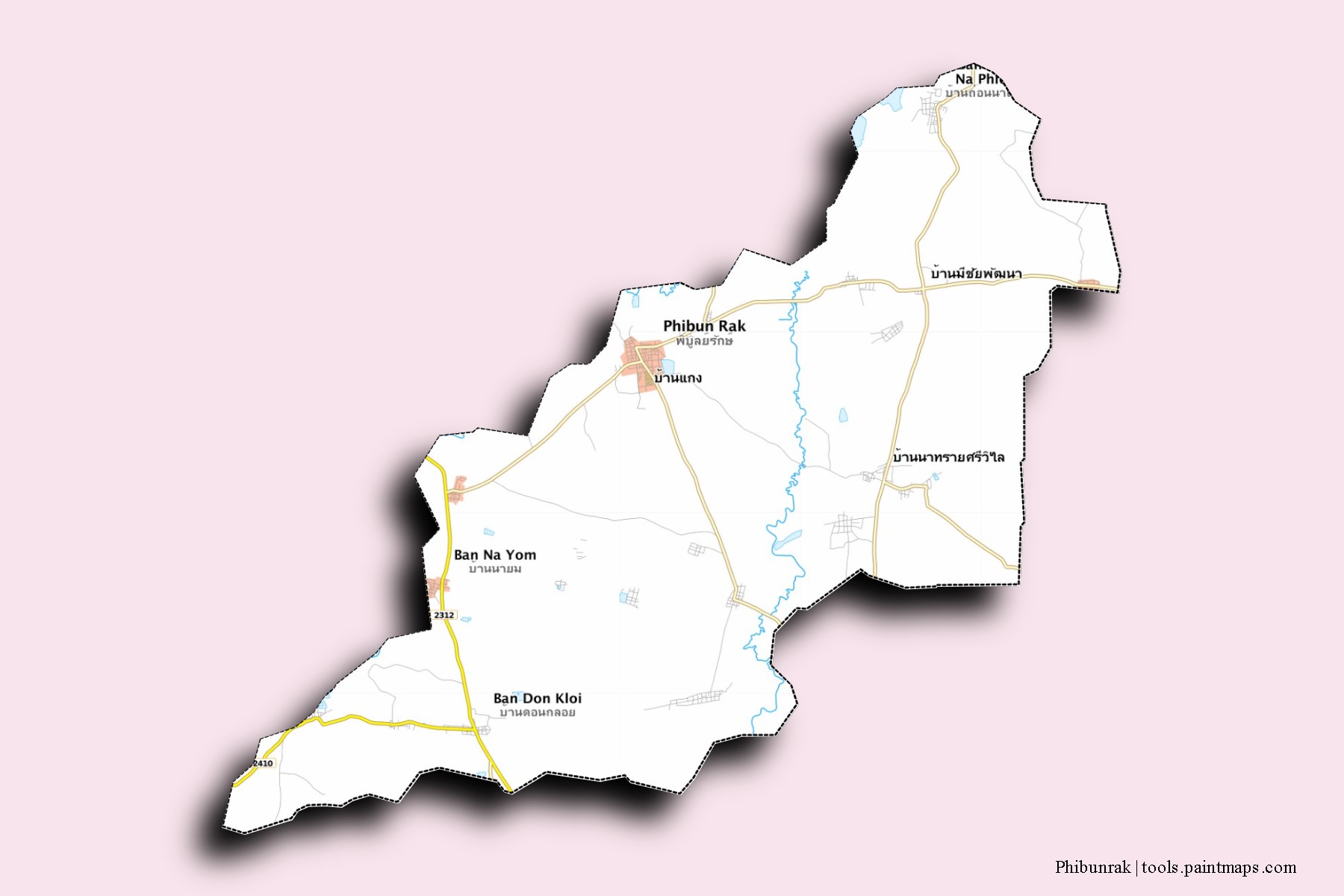 Mapa de barrios y pueblos de Phibunrak con efecto de sombra 3D