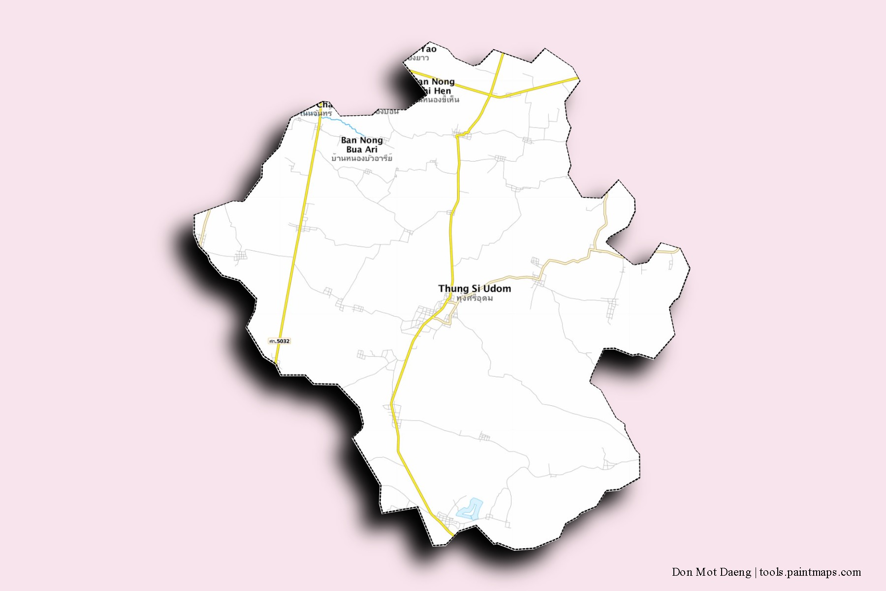 Mapa de barrios y pueblos de Don Mot Daeng con efecto de sombra 3D