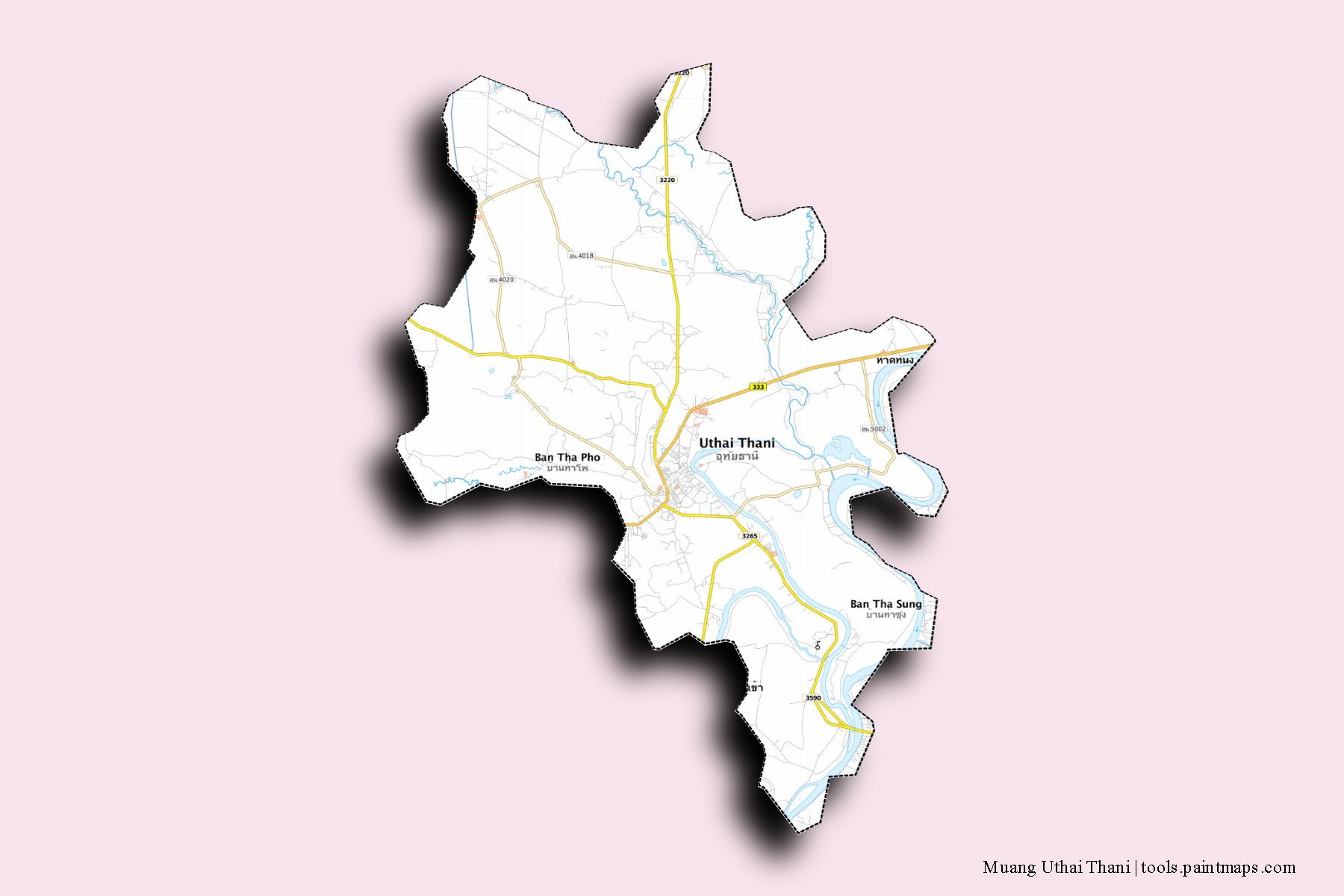 Mapa de barrios y pueblos de Muang Uthai Thani con efecto de sombra 3D