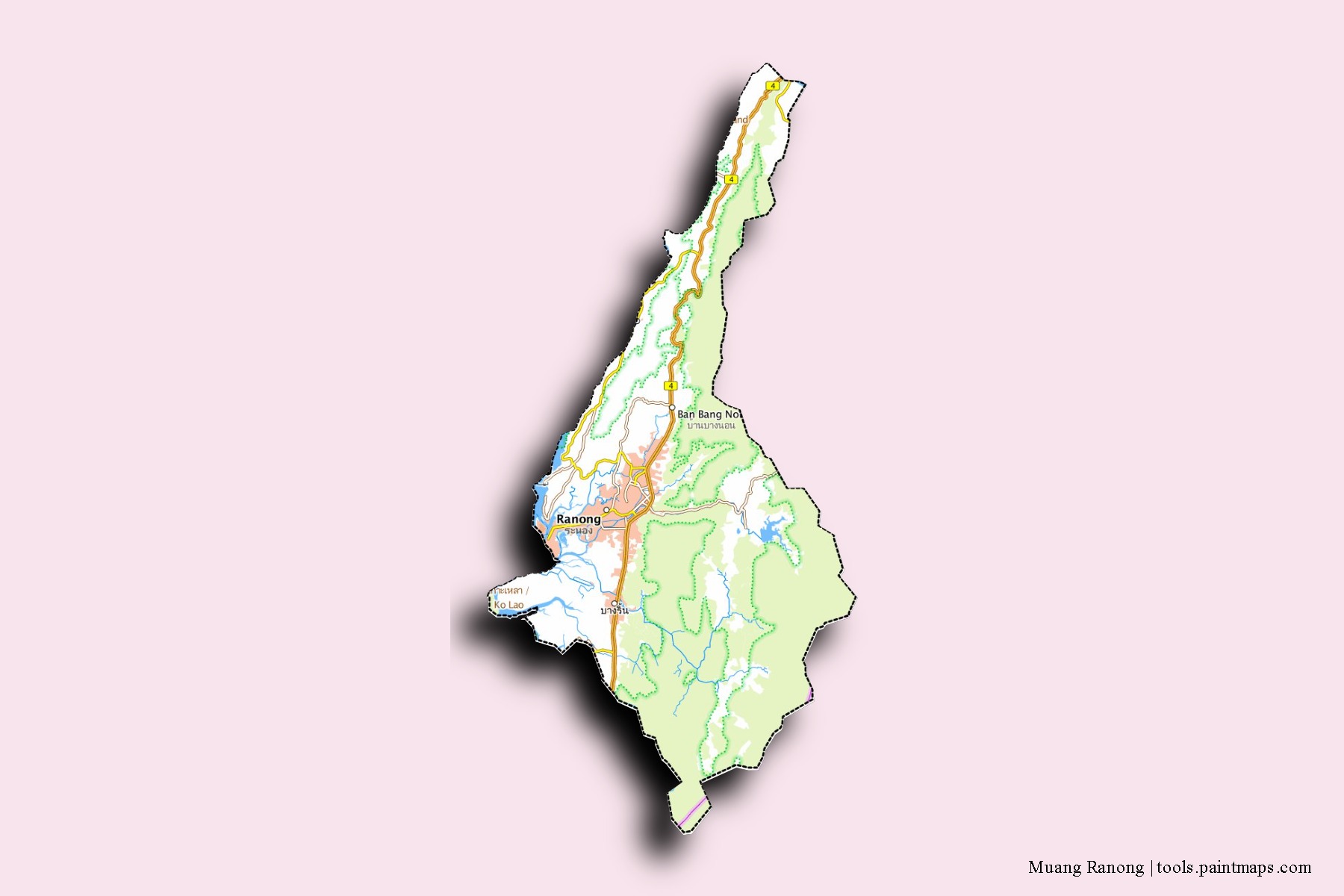 3D gölge efektli Muang Ranong mahalleleri ve köyleri haritası