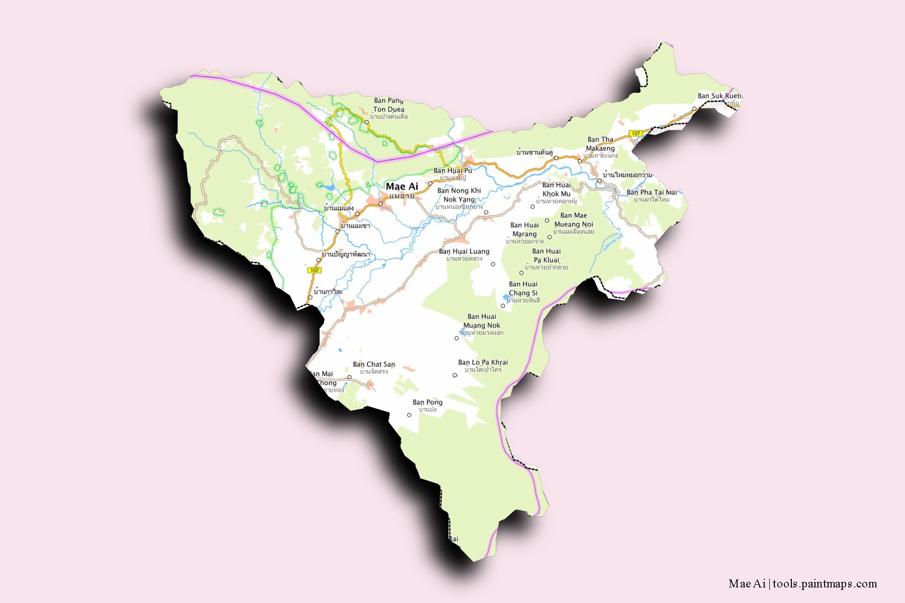 Mae Ai neighborhoods and villages map with 3D shadow effect