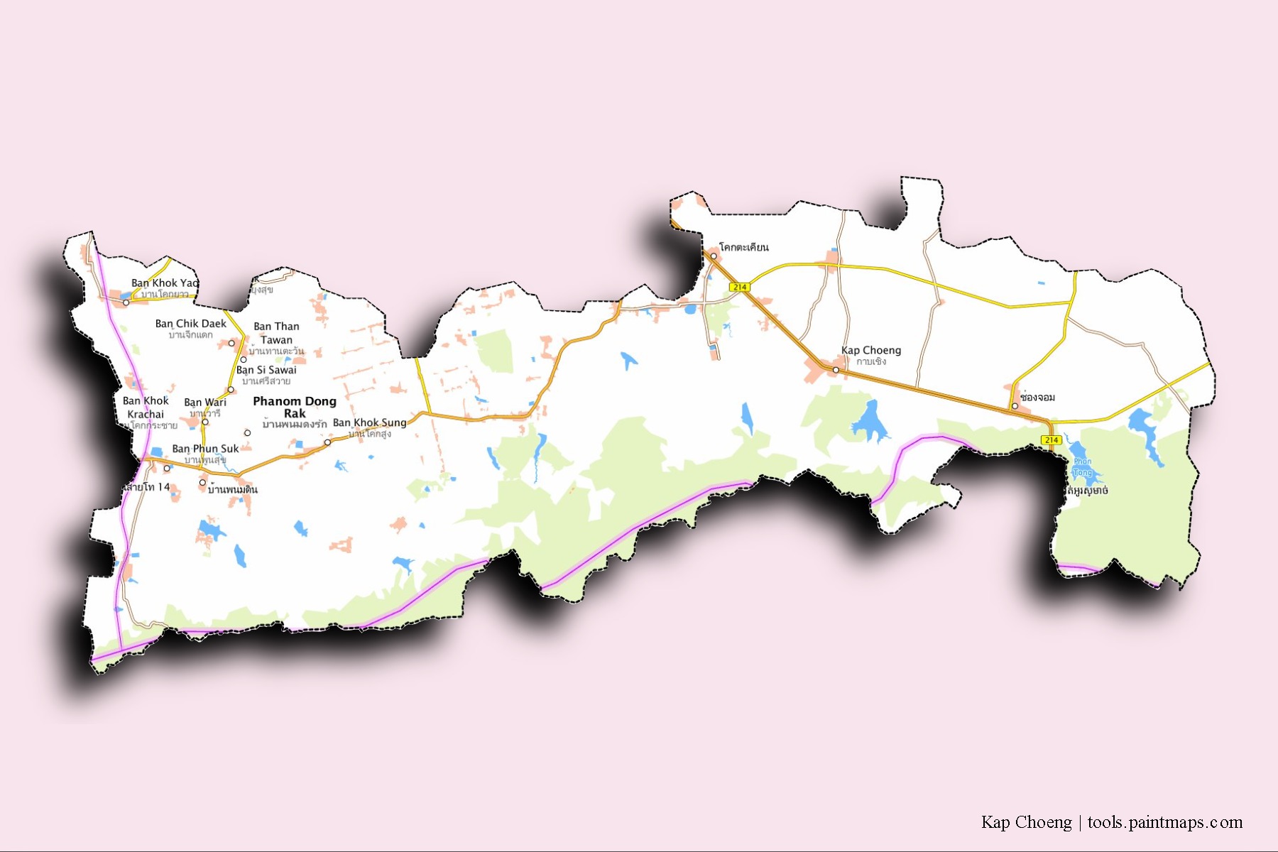 Kap Choeng neighborhoods and villages map with 3D shadow effect