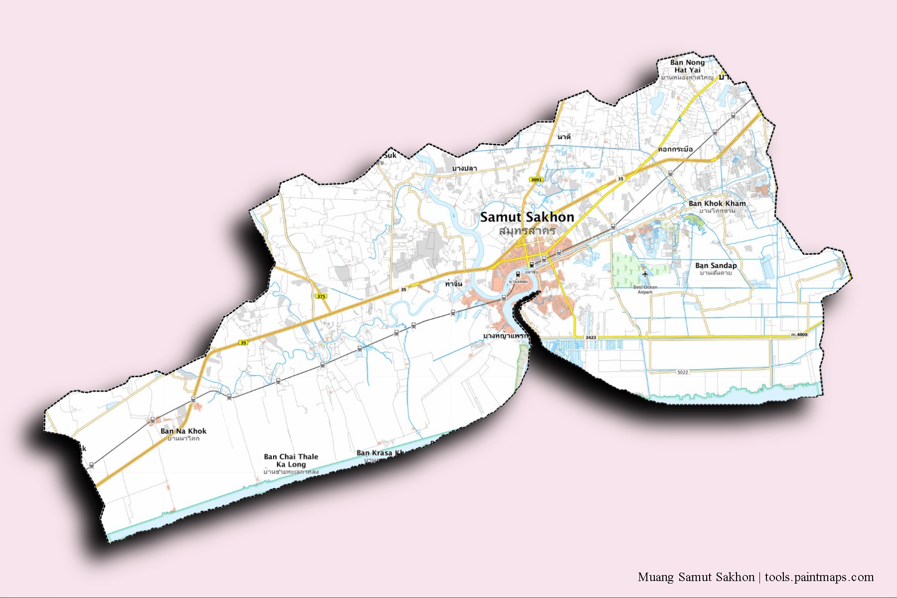 Mapa de barrios y pueblos de Muang Samut Sakhon con efecto de sombra 3D