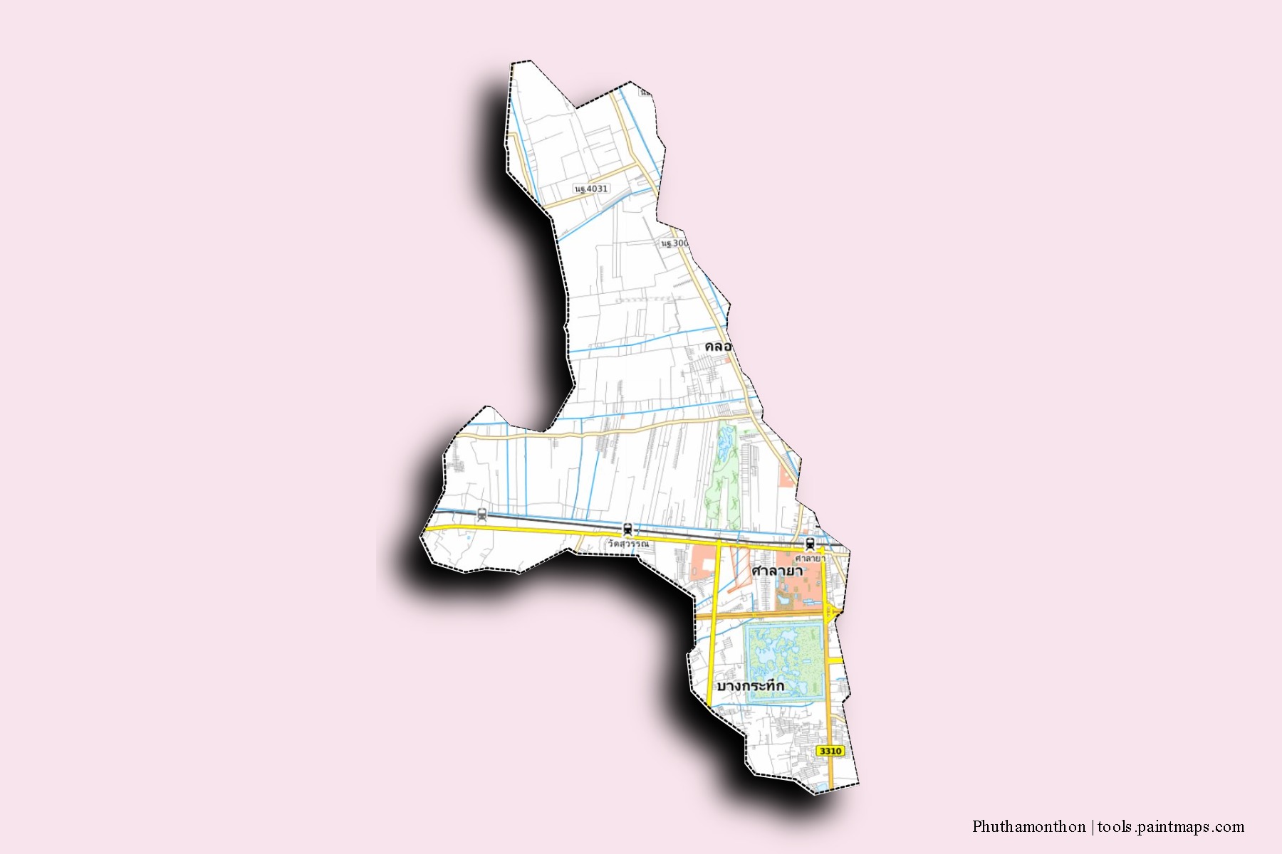 Phutthamonthon neighborhoods and villages map with 3D shadow effect