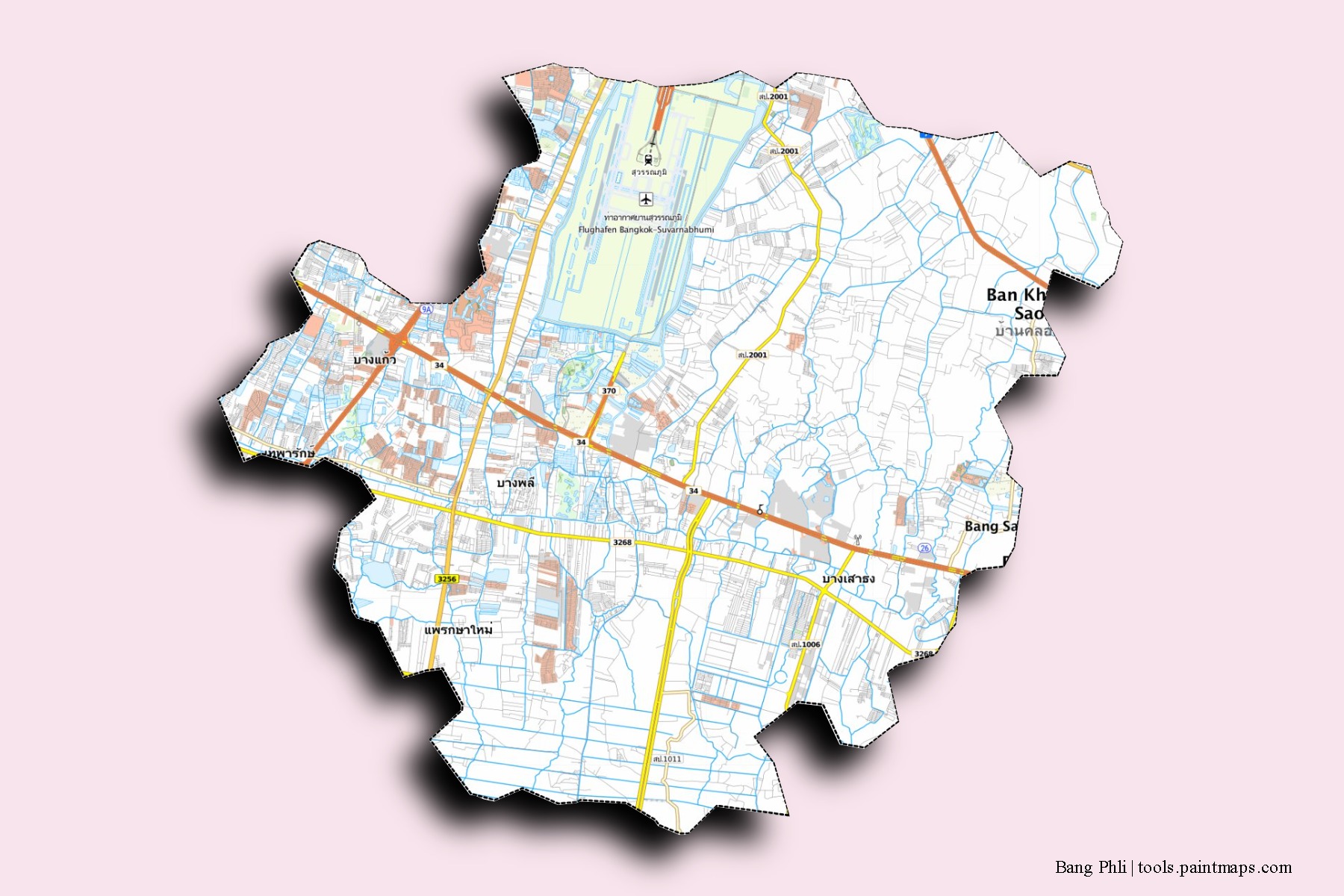 Bang Phli neighborhoods and villages map with 3D shadow effect