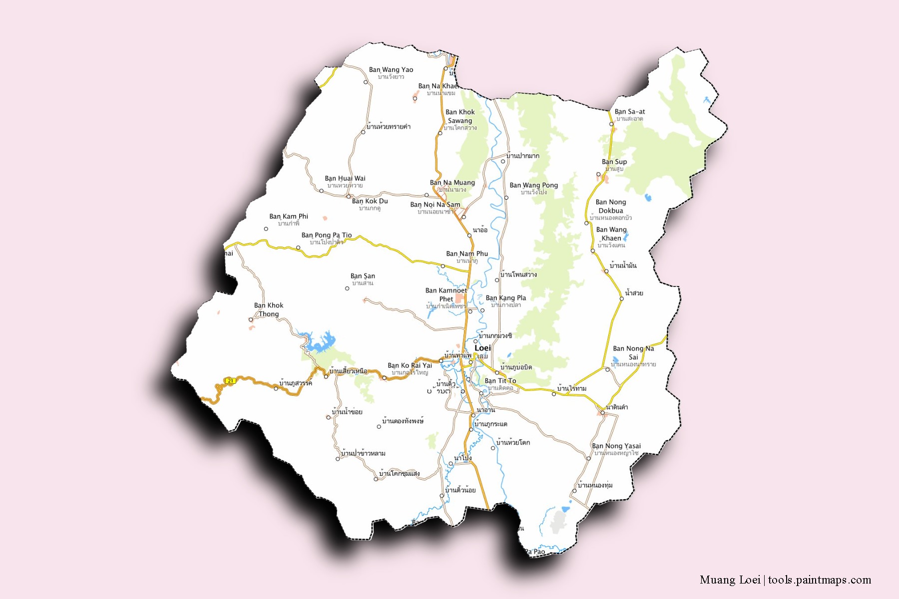 Mapa de barrios y pueblos de Muang Loei con efecto de sombra 3D