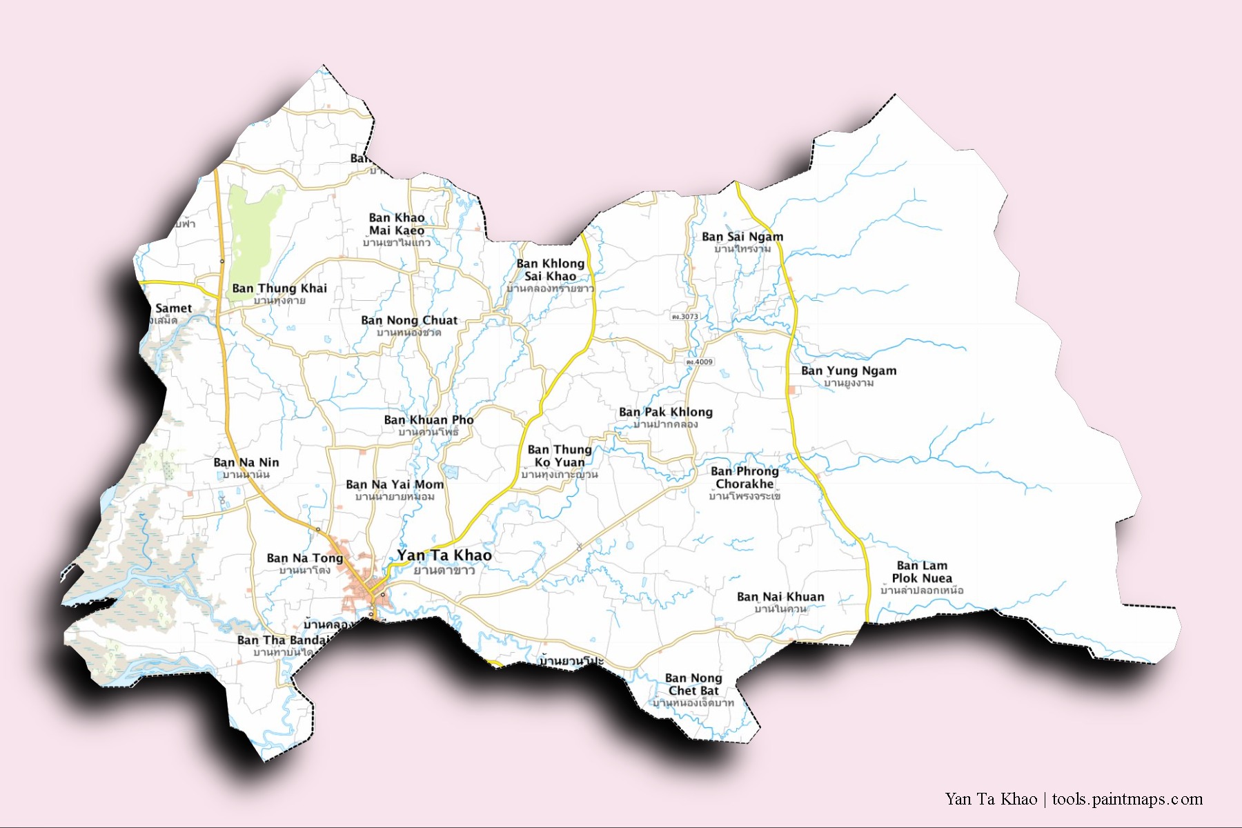 3D gölge efektli Yan Ta Khao mahalleleri ve köyleri haritası