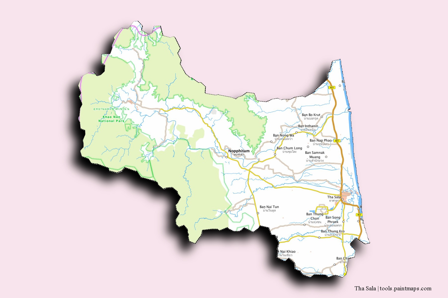 Mapa de barrios y pueblos de Tha Sala con efecto de sombra 3D