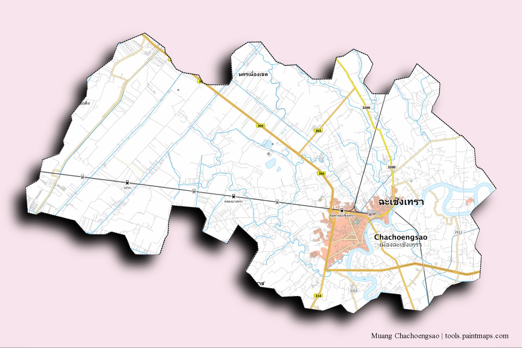 Mapa de barrios y pueblos de Muang Chachoengsao con efecto de sombra 3D