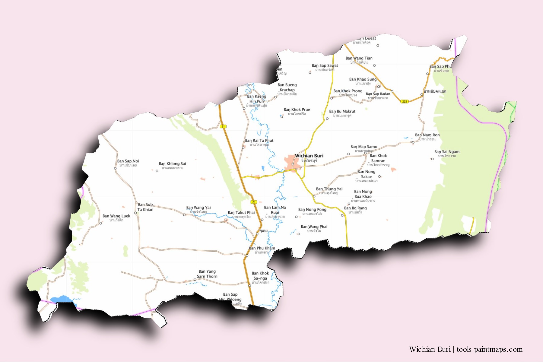 Mapa de barrios y pueblos de Wichian Buri con efecto de sombra 3D