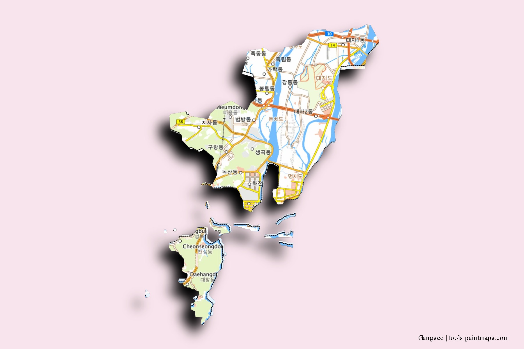 Gangseo neighborhoods and villages map with 3D shadow effect