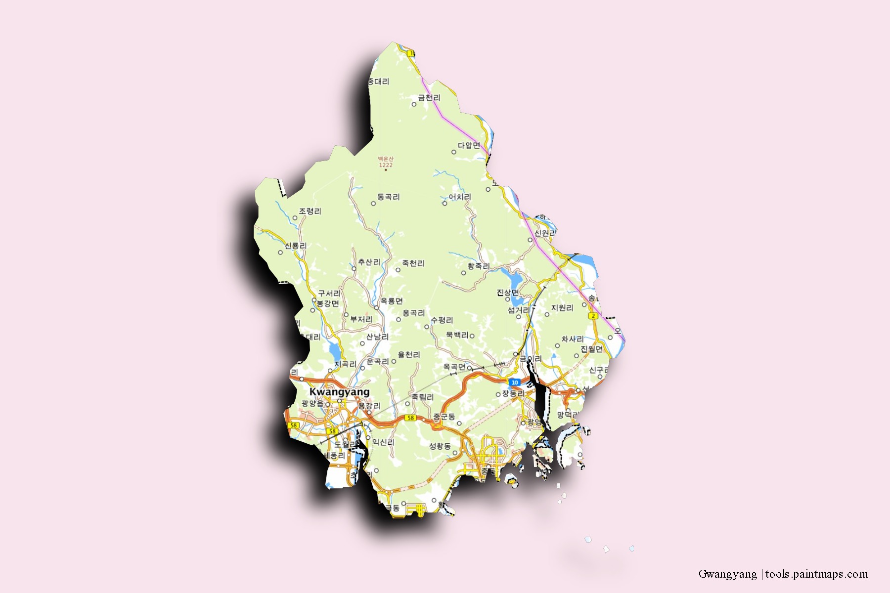 Mapa de barrios y pueblos de Gwangyang con efecto de sombra 3D