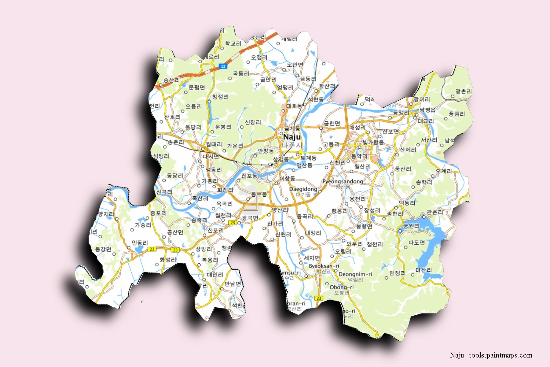 Mapa de barrios y pueblos de Naju con efecto de sombra 3D