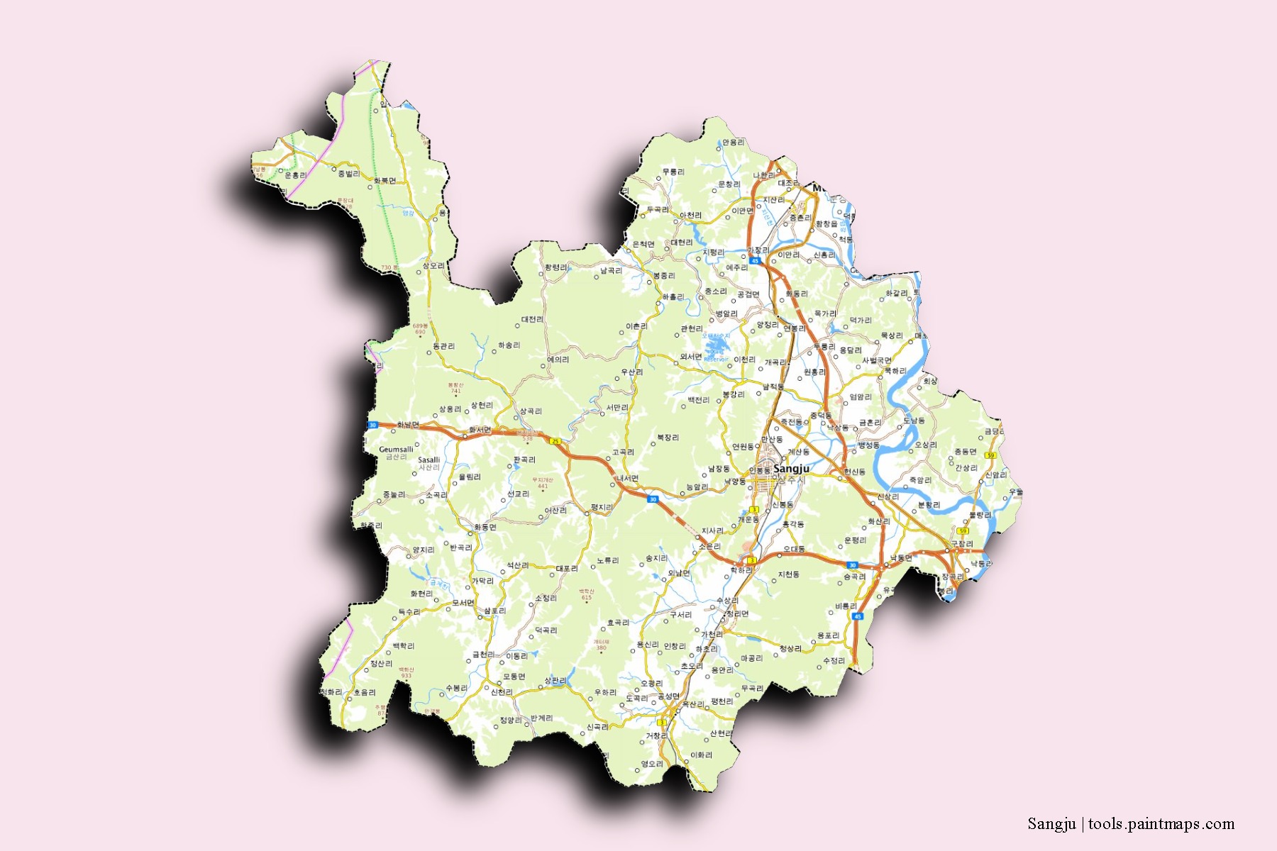 Mapa de barrios y pueblos de Sangju con efecto de sombra 3D