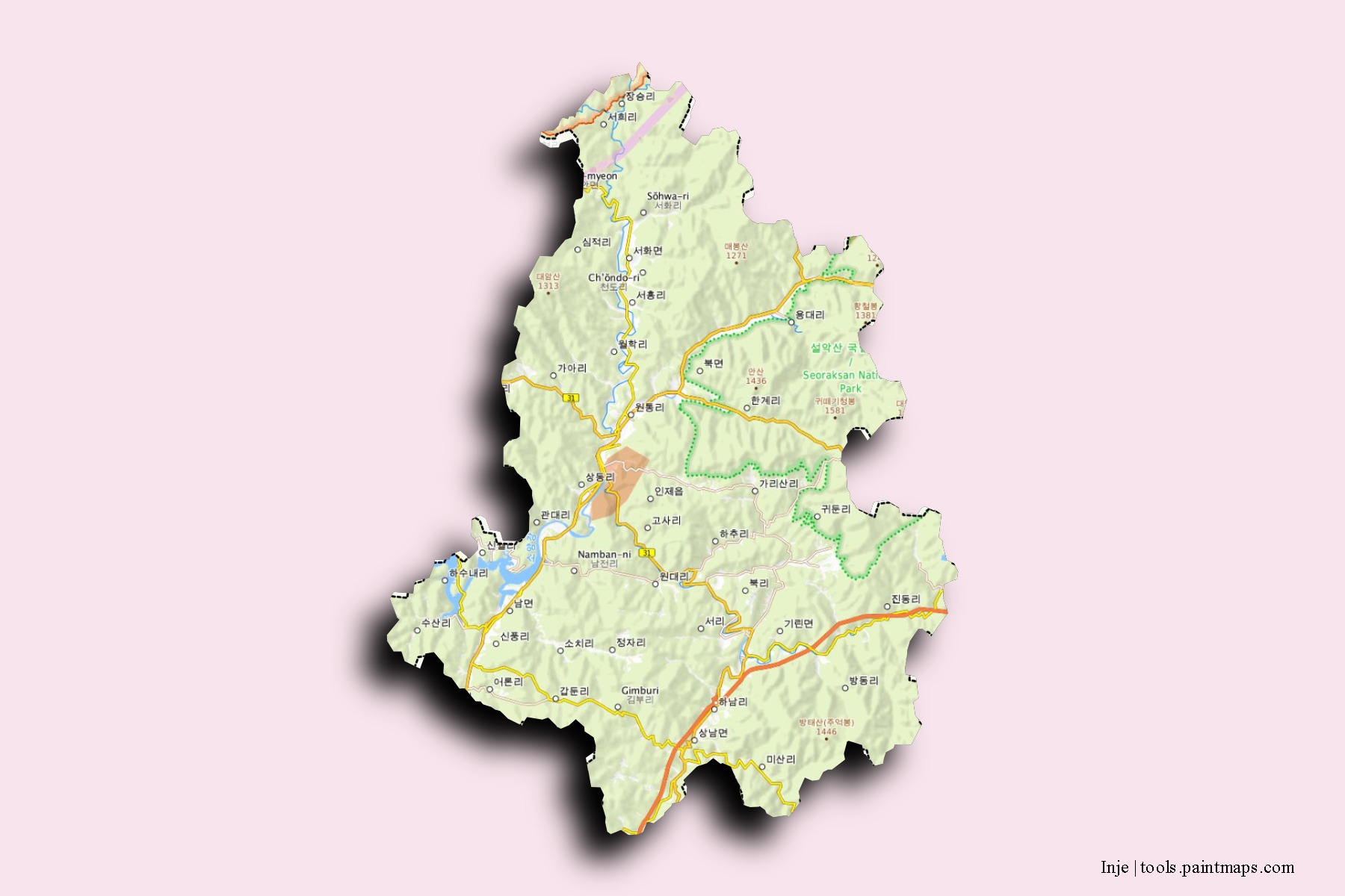 Mapa de barrios y pueblos de Inje con efecto de sombra 3D