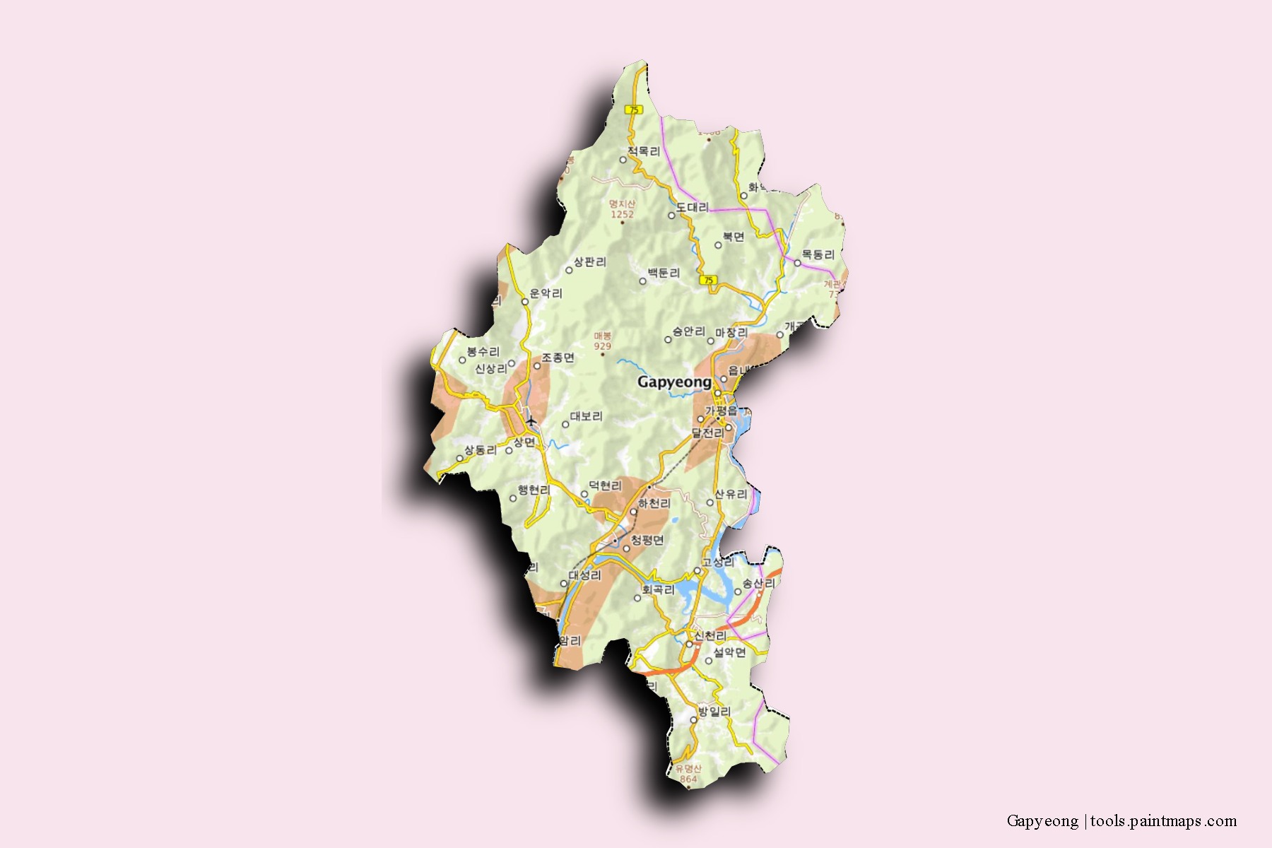 Mapa de barrios y pueblos de Gapyeong con efecto de sombra 3D