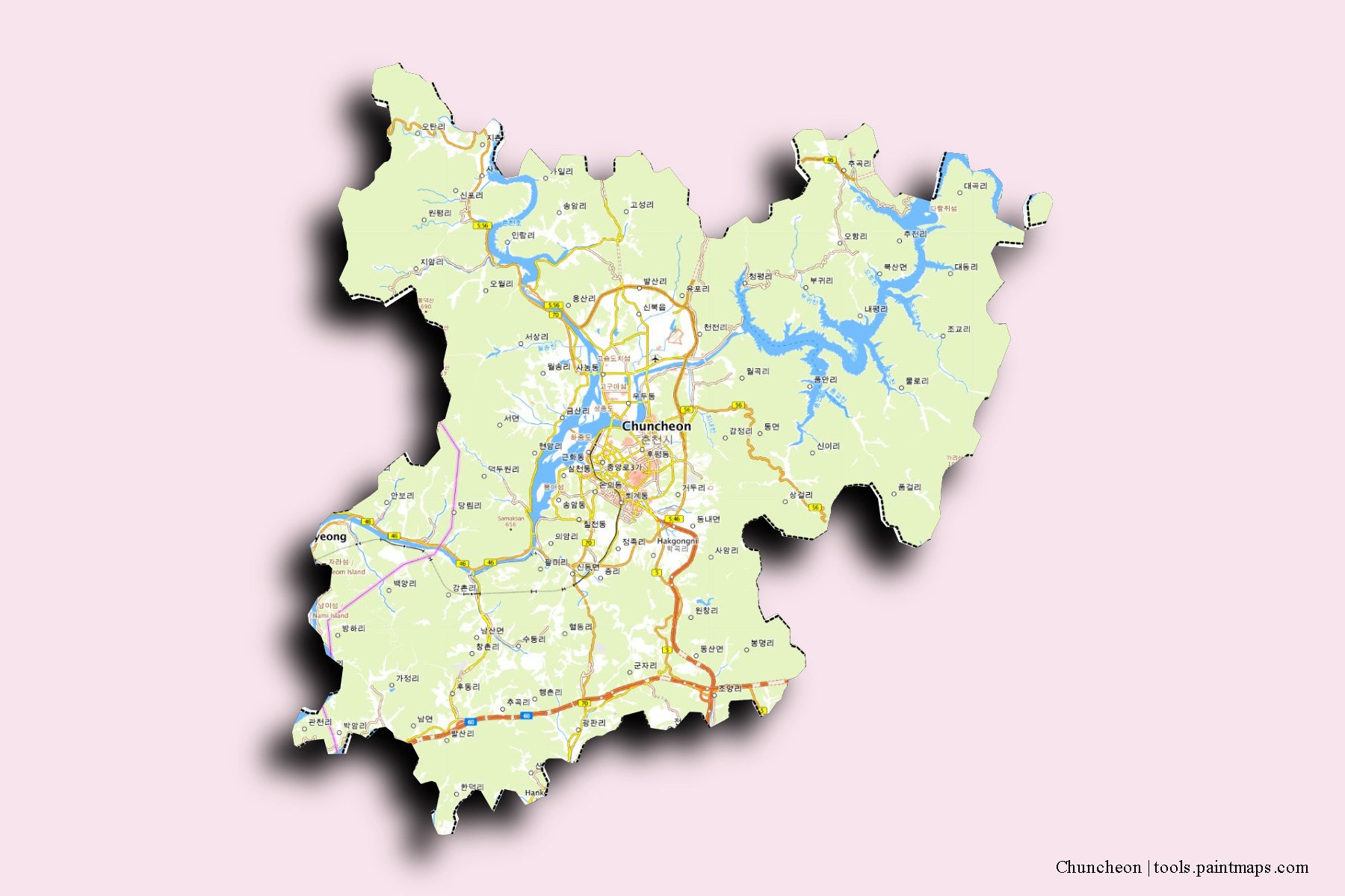 3D gölge efektli Chuncheon mahalleleri ve köyleri haritası