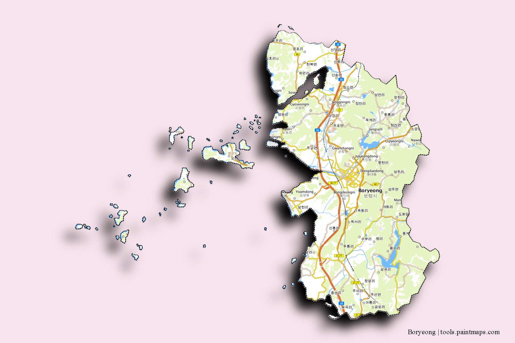 Mapa de barrios y pueblos de Boryeong con efecto de sombra 3D