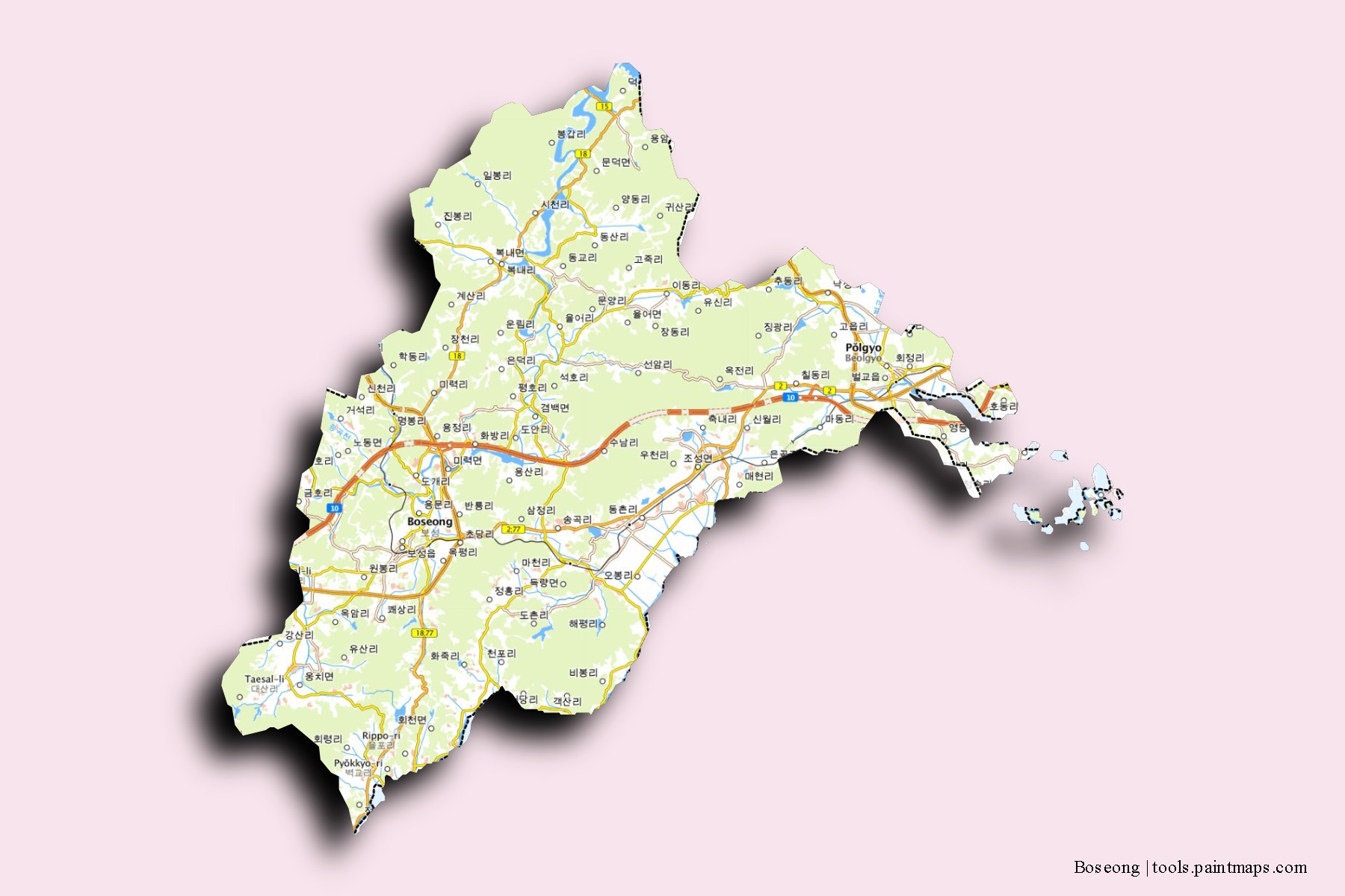 Mapa de barrios y pueblos de Boseong con efecto de sombra 3D