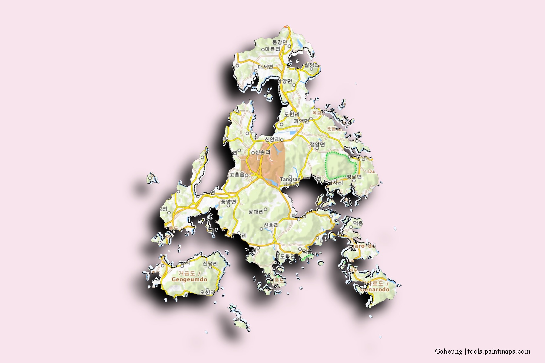 3D gölge efektli Goheung mahalleleri ve köyleri haritası