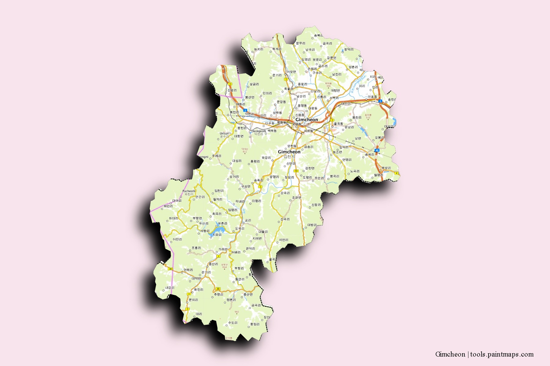 Mapa de barrios y pueblos de Gimcheon con efecto de sombra 3D