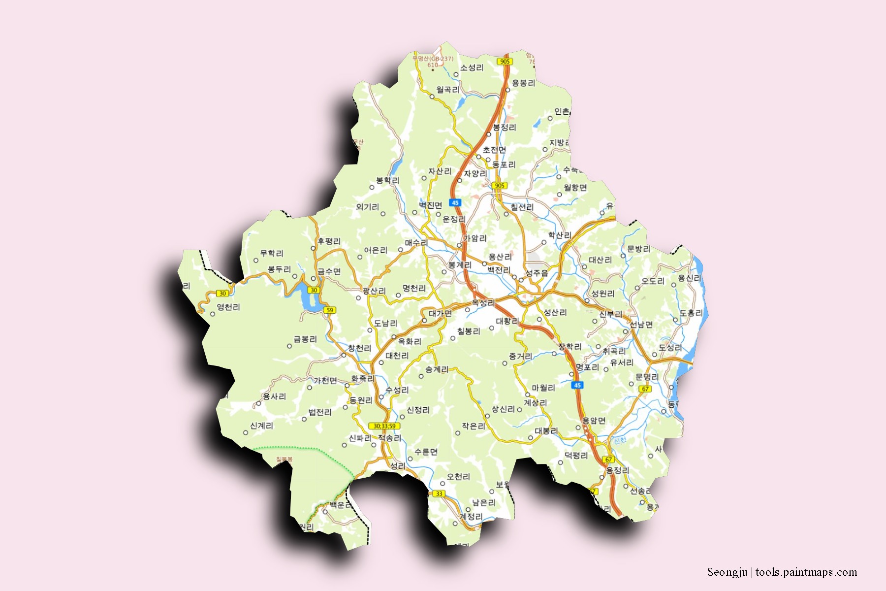 Mapa de barrios y pueblos de Seongju con efecto de sombra 3D