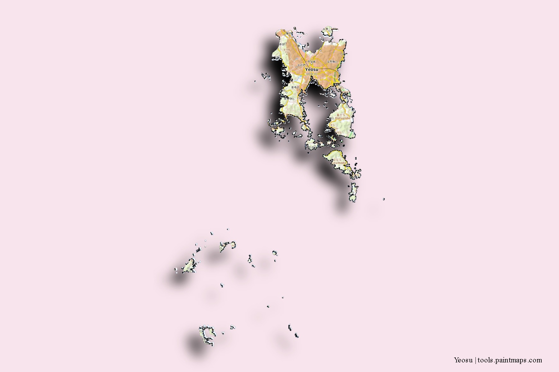 Yeosu neighborhoods and villages map with 3D shadow effect