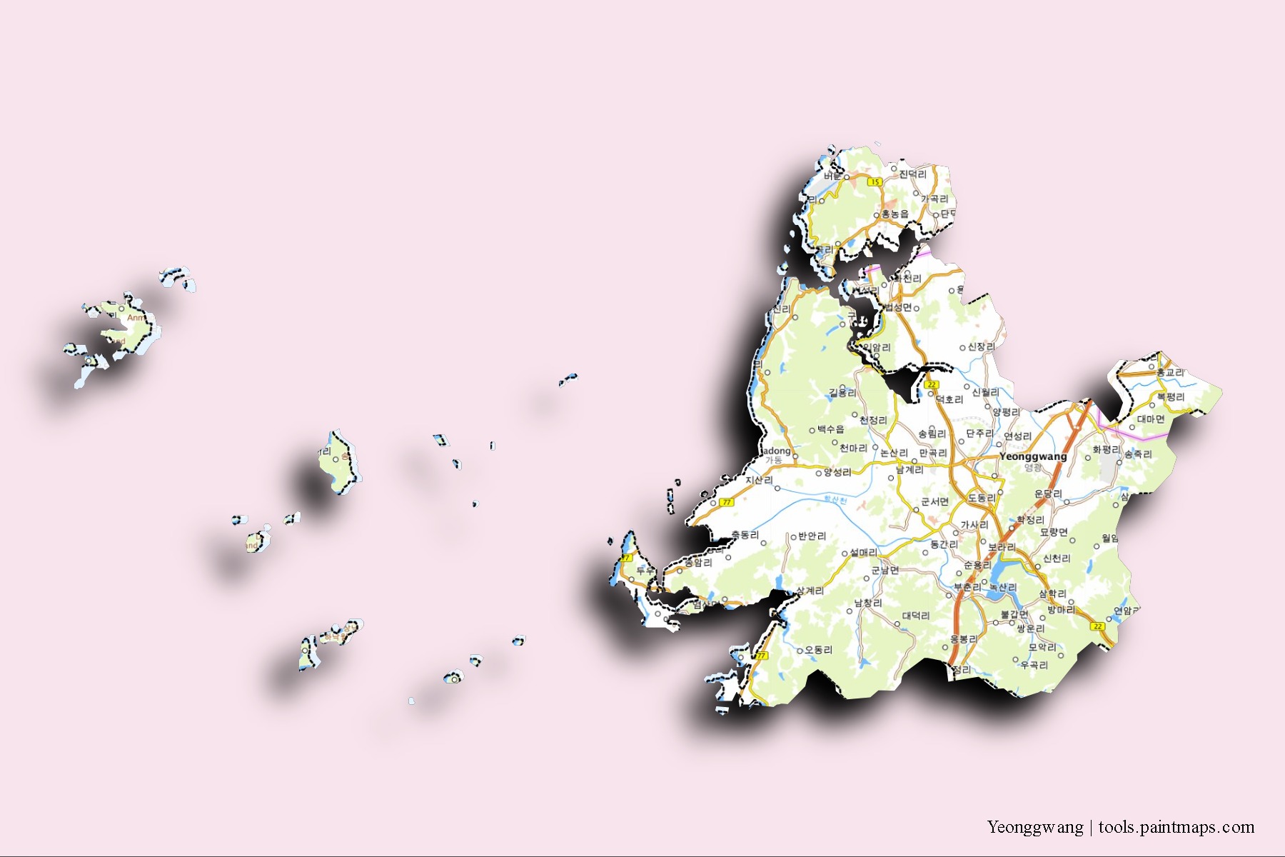 Mapa de barrios y pueblos de Yeonggwang con efecto de sombra 3D