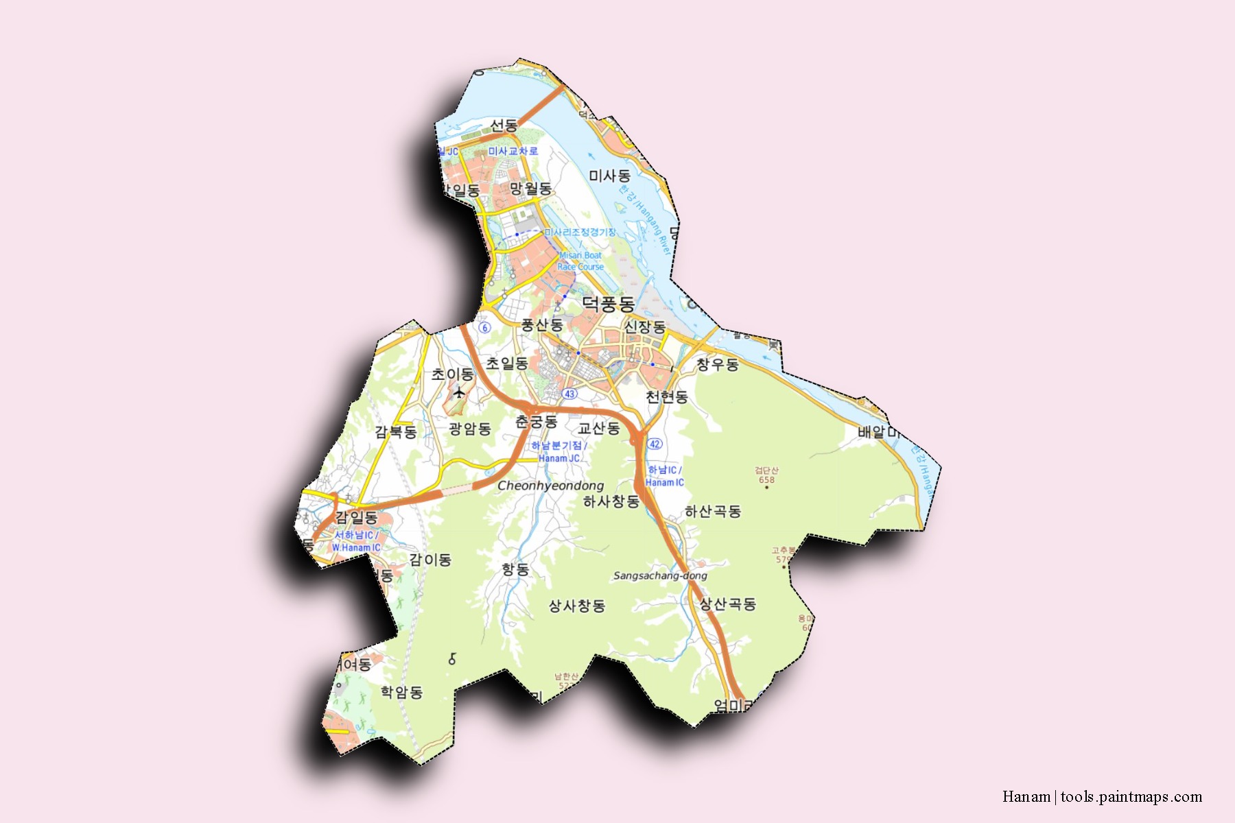 Hanam neighborhoods and villages map with 3D shadow effect