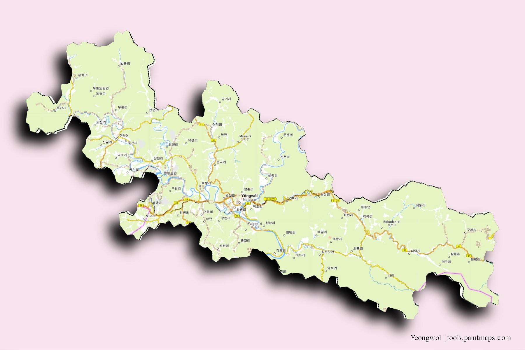 Mapa de barrios y pueblos de Yeongwol con efecto de sombra 3D