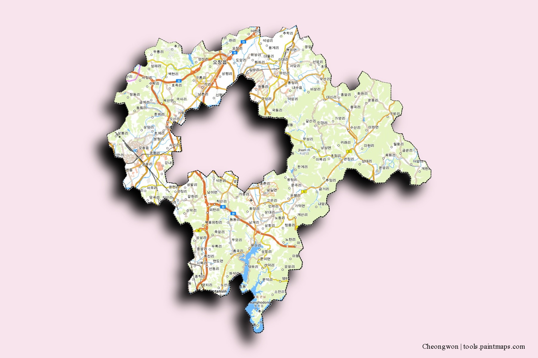 Mapa de barrios y pueblos de Cheongwon con efecto de sombra 3D