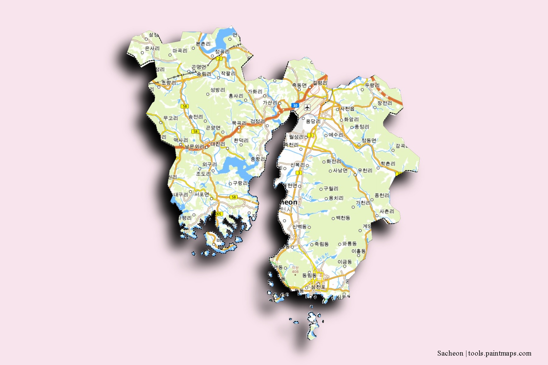 Sacheon neighborhoods and villages map with 3D shadow effect