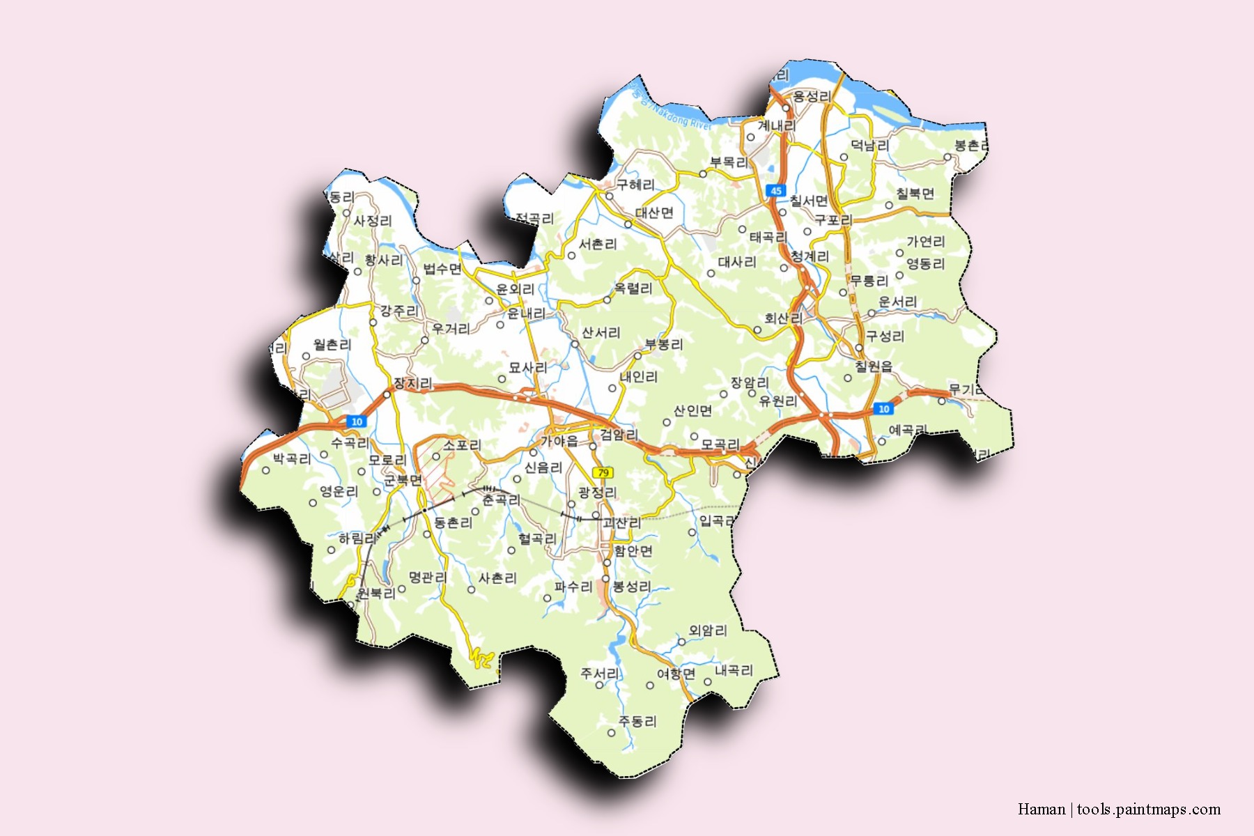 Mapa de barrios y pueblos de Haman con efecto de sombra 3D