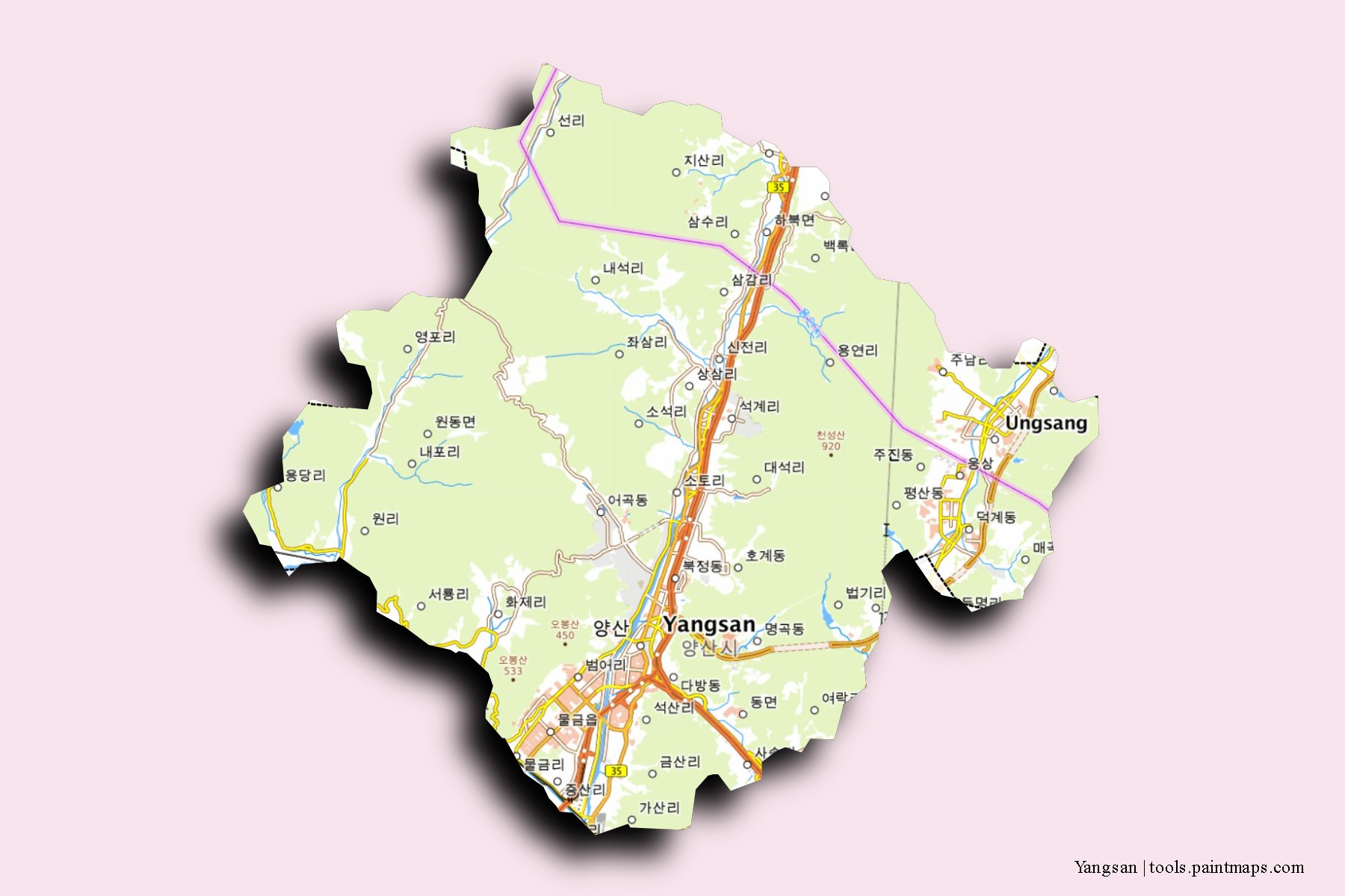 3D gölge efektli Yangsan mahalleleri ve köyleri haritası