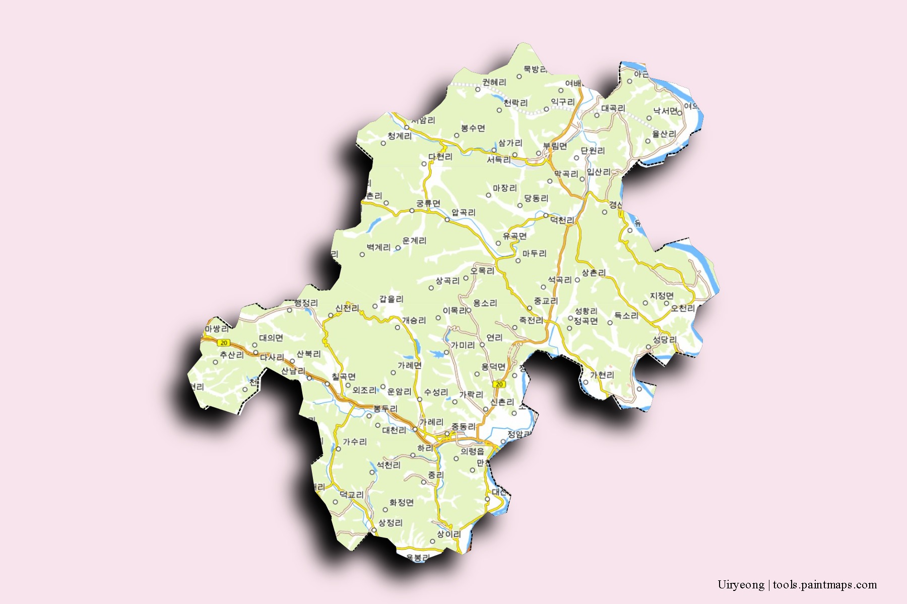Mapa de barrios y pueblos de Uiryeong con efecto de sombra 3D