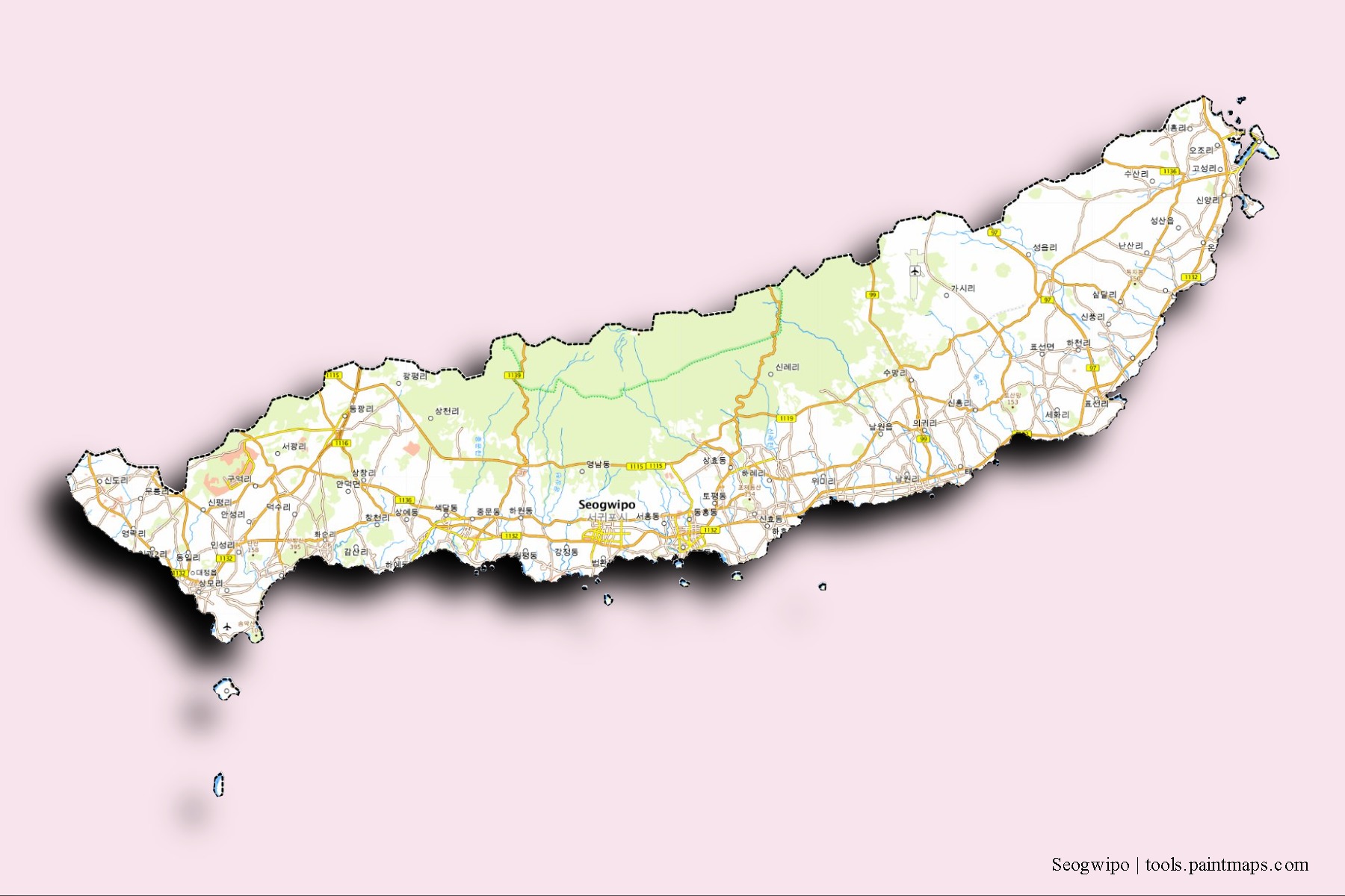 Seogwipo neighborhoods and villages map with 3D shadow effect