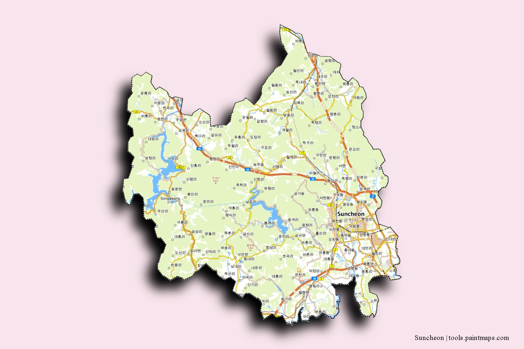 Mapa de barrios y pueblos de Suncheon con efecto de sombra 3D