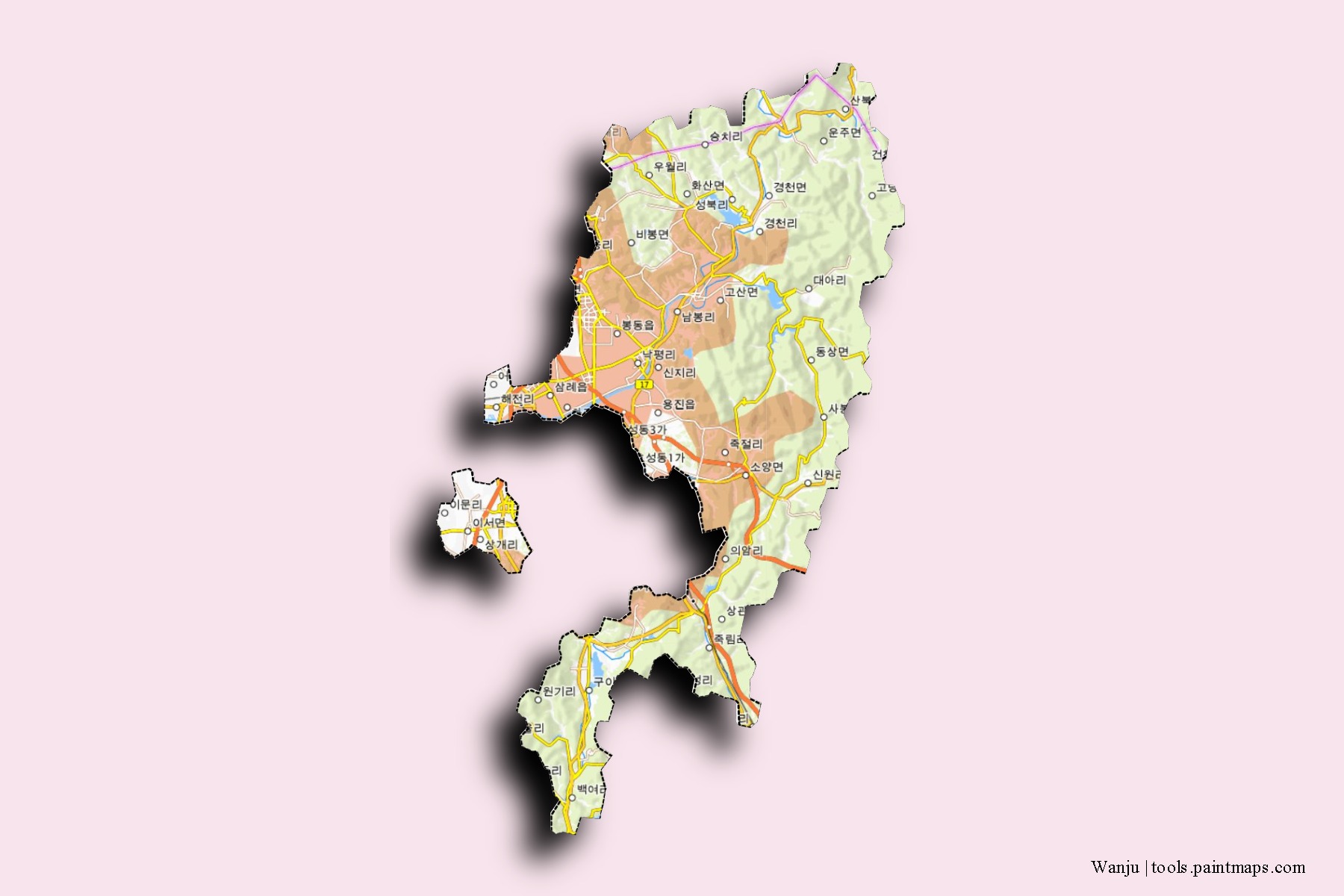 Mapa de barrios y pueblos de Wanju con efecto de sombra 3D