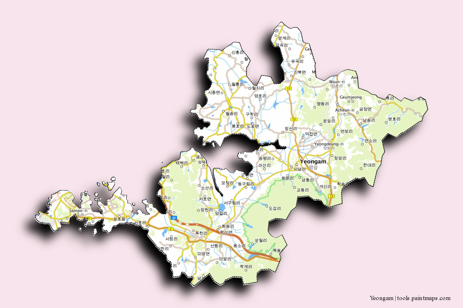 Mapa de barrios y pueblos de Yeongam con efecto de sombra 3D