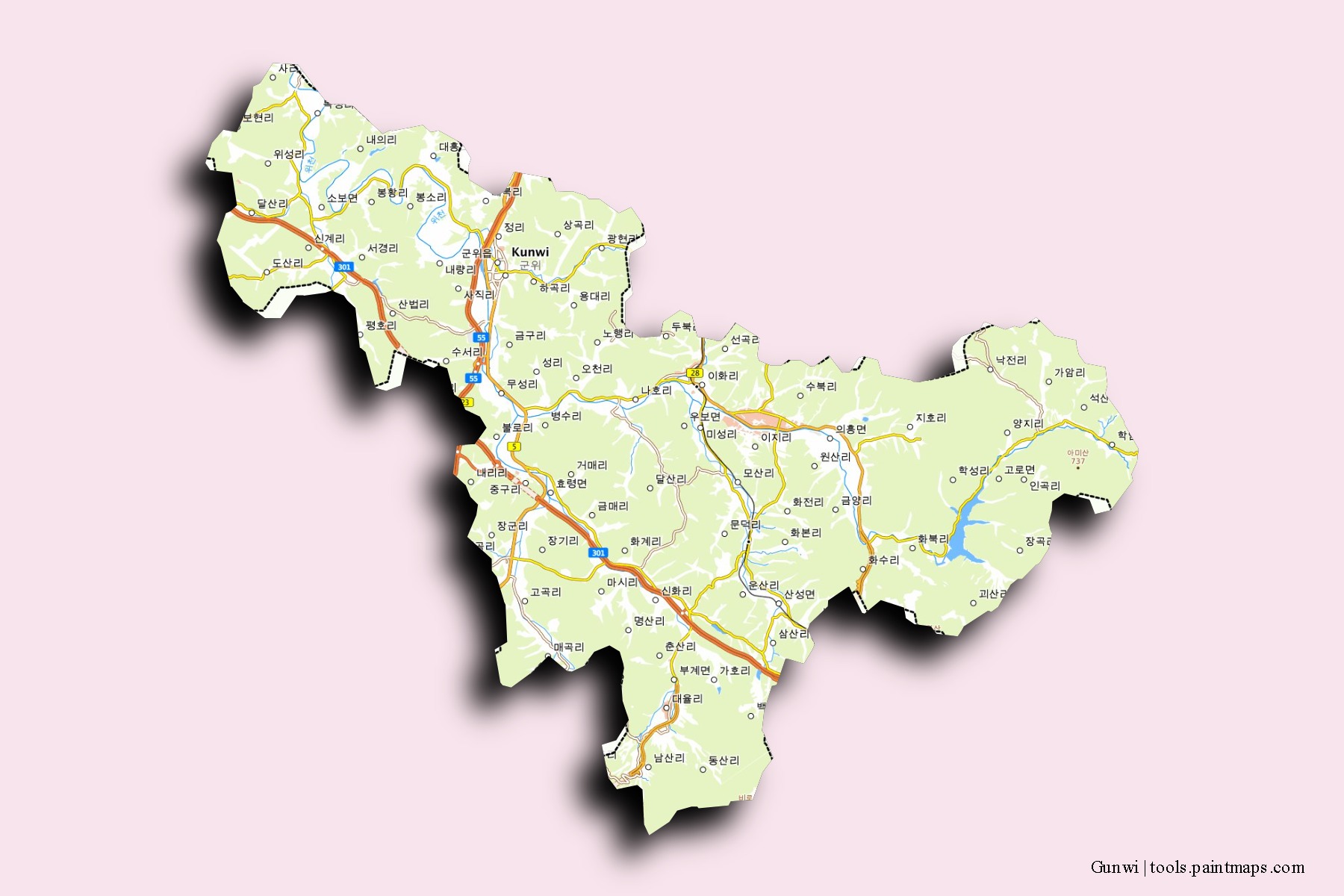 Mapa de barrios y pueblos de Gunwi con efecto de sombra 3D