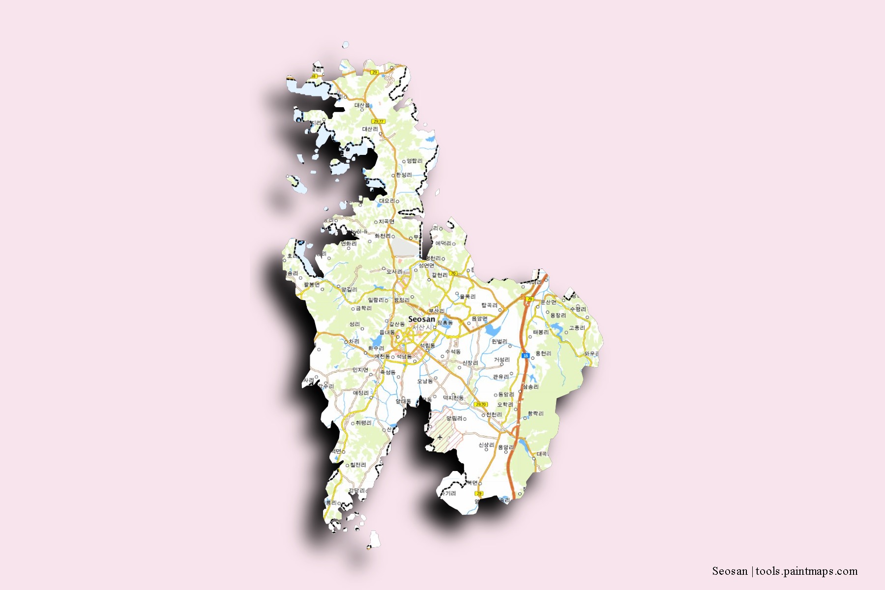 Seosan neighborhoods and villages map with 3D shadow effect